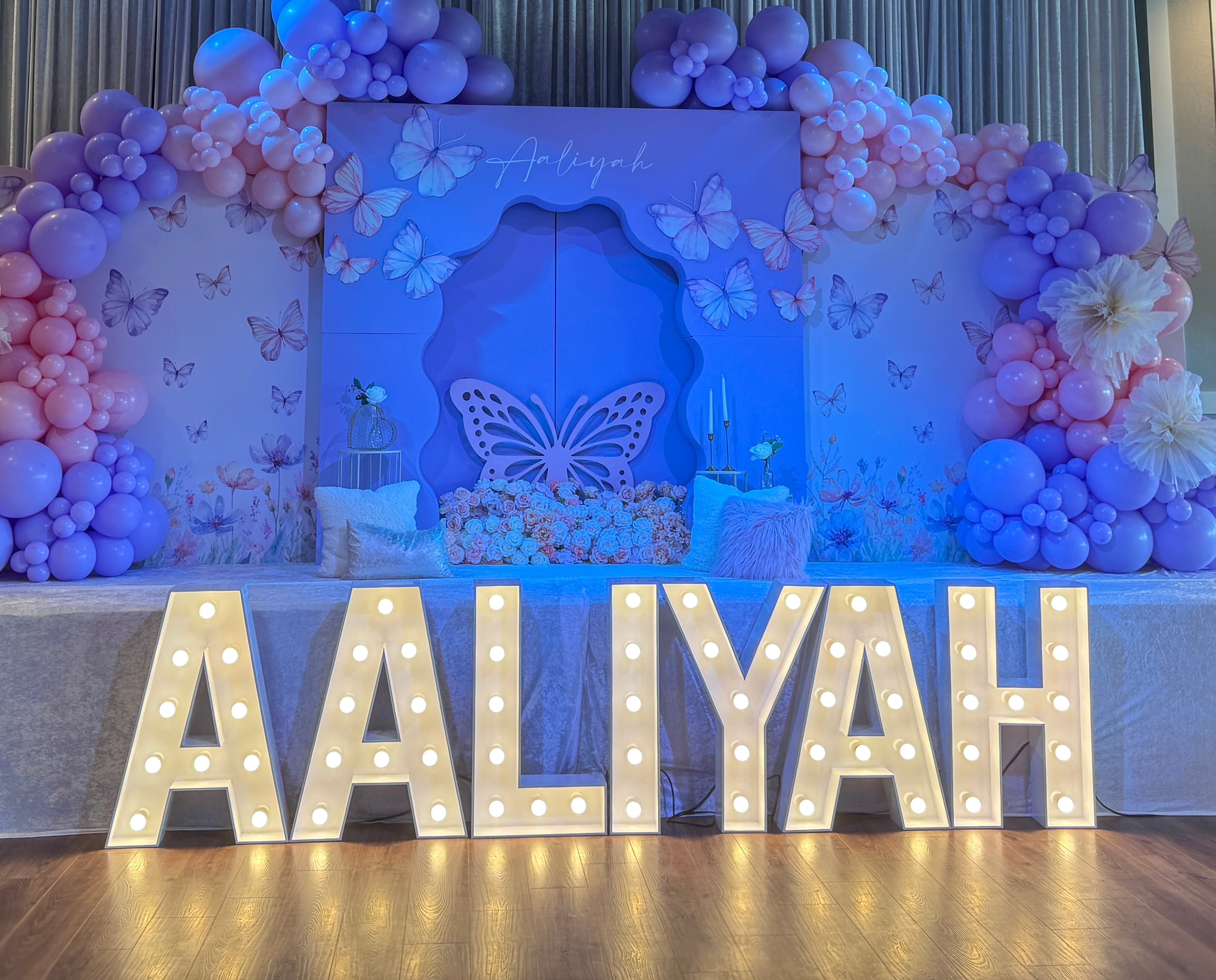 A close-up of a custom marquee installation