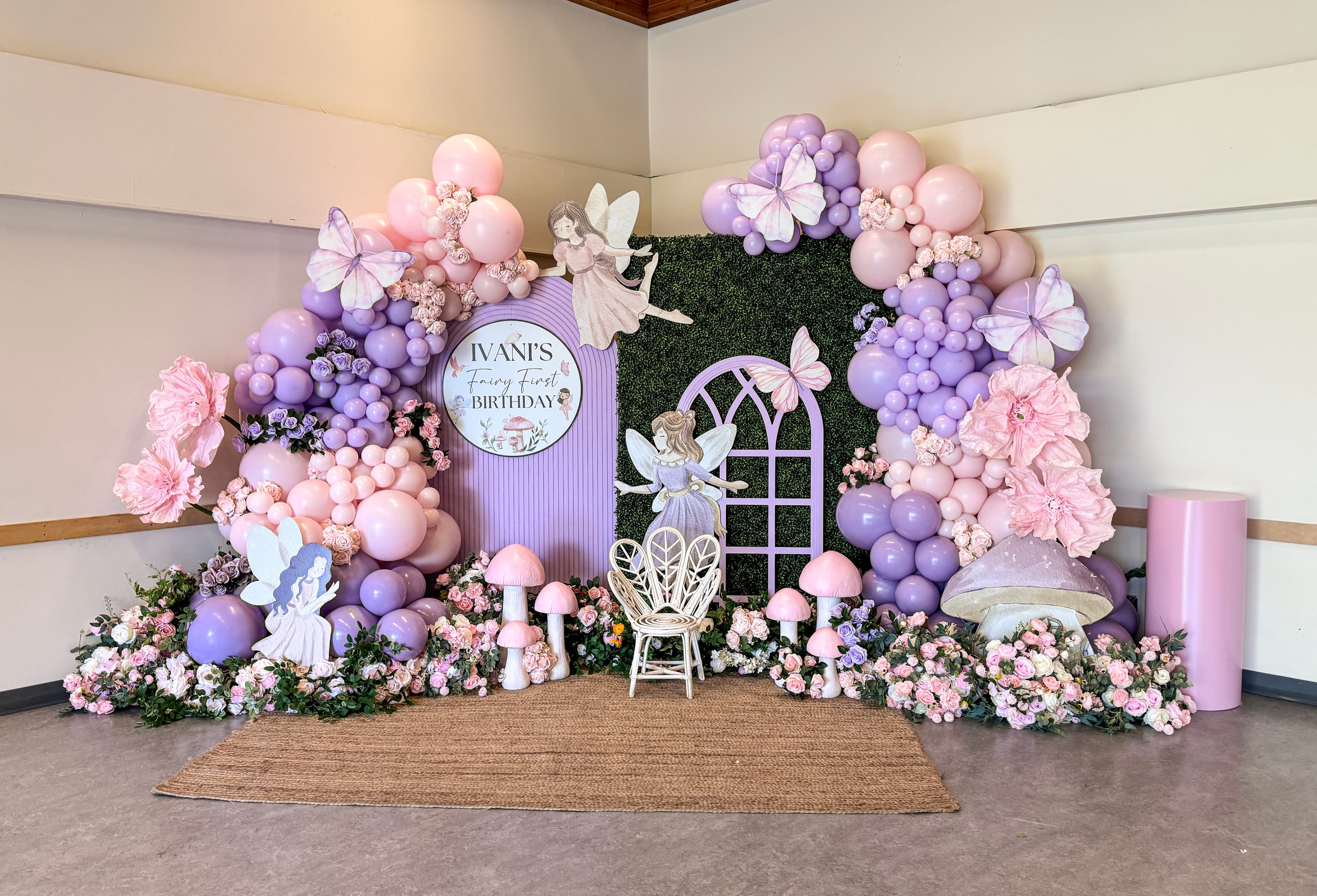 Birthday balloon installation with custom detailing at a Big Little Creations event in Surrey, BC